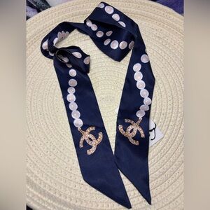 Navy Blue with Pearl Design Scarf, Bag or Hair Accessory 46 Inches New!